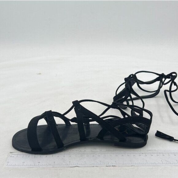 YDN Women Sexy Knee High Lace up Flats Fringe Low Heel Gladiator Strap Sandals - Picture 2 of 8